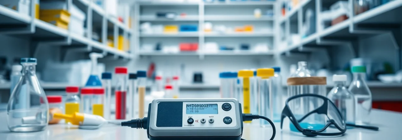 Monitor and analyze gas levels with a hydrogen gas detector on a lab workbench.