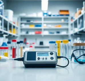 Monitor and analyze gas levels with a hydrogen gas detector on a lab workbench.