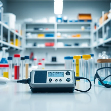 Monitor and analyze gas levels with a hydrogen gas detector on a lab workbench.