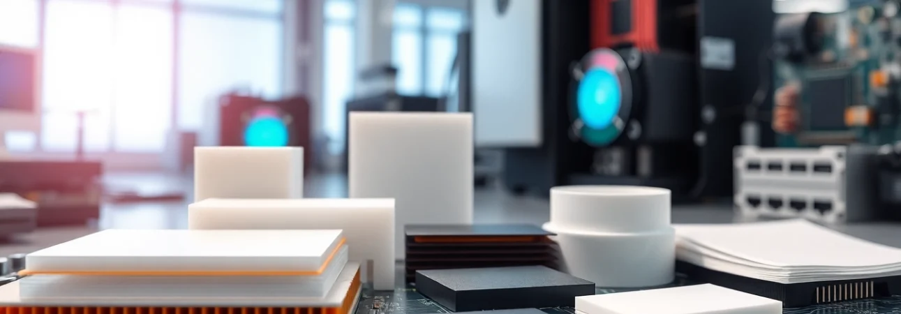 Showcasing thermal management materials on an electronic circuit board for effective heat dissipation.