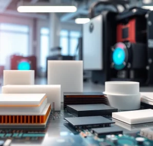 Showcasing thermal management materials on an electronic circuit board for effective heat dissipation.