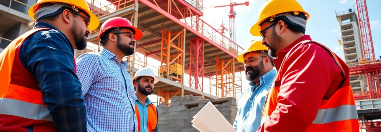 Workers engaged in austin construction project on a bustling site in Texas.