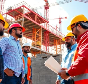 Workers engaged in austin construction project on a bustling site in Texas.