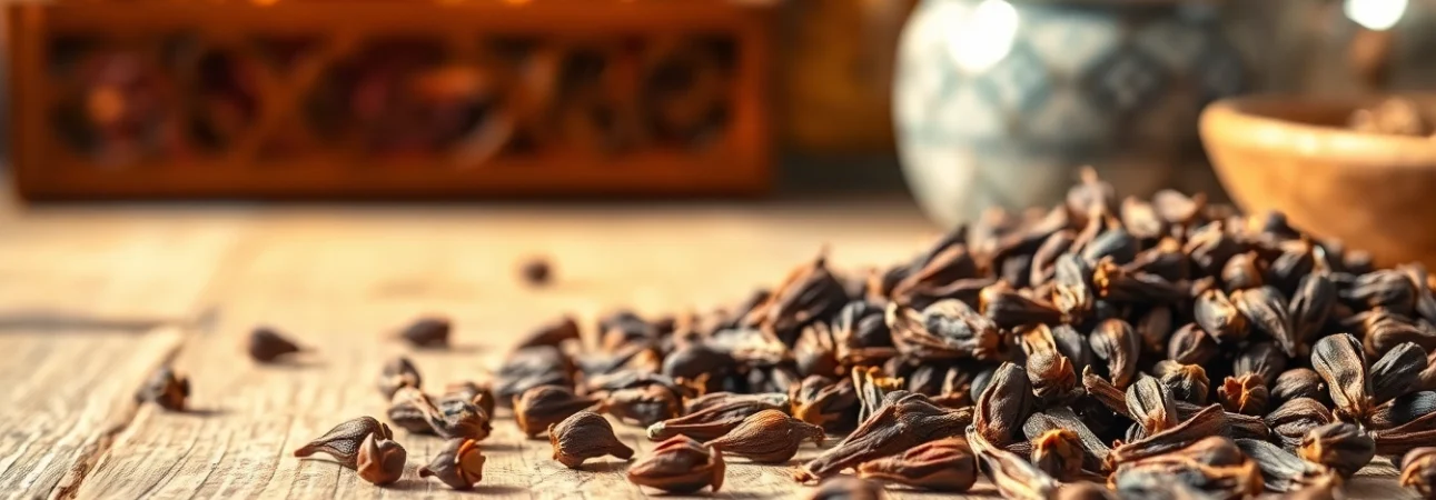 Cloves displayed artistically on a wooden table, showcasing their aromatic texture and rich color.