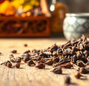 Cloves displayed artistically on a wooden table, showcasing their aromatic texture and rich color.