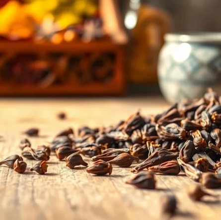 Cloves displayed artistically on a wooden table, showcasing their aromatic texture and rich color.