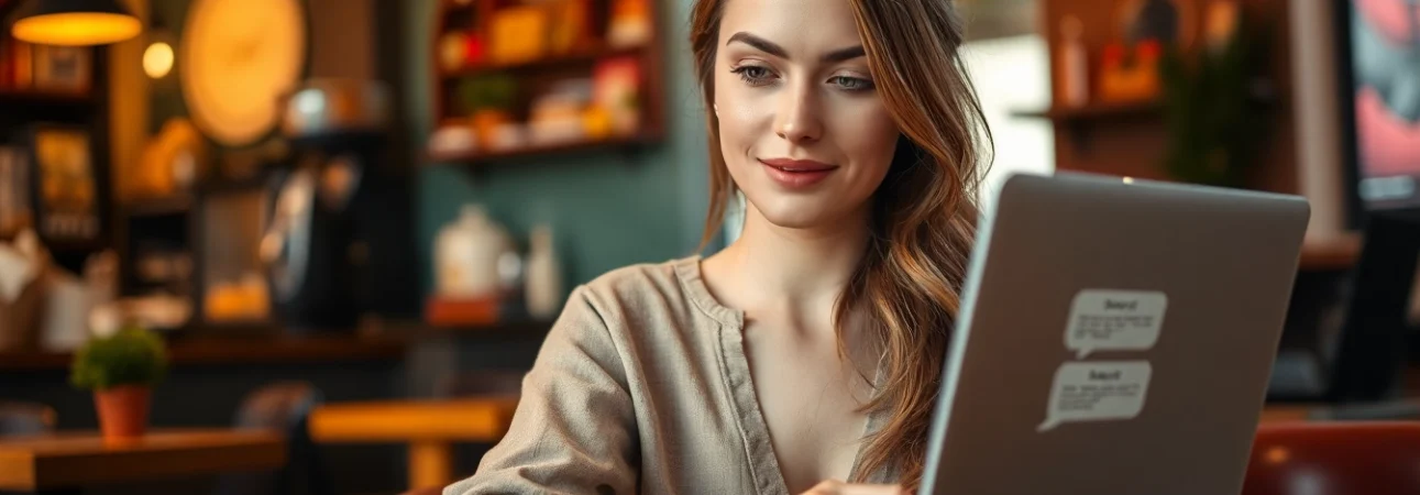 Engage in sexy AI chat with a beautiful woman at a café, enjoying her conversation.