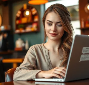 Engage in sexy AI chat with a beautiful woman at a café, enjoying her conversation.