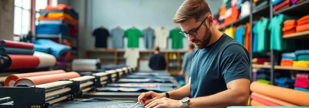 Showcase of t shirt printing Edmonton with vibrant colors and printing tools in action.
