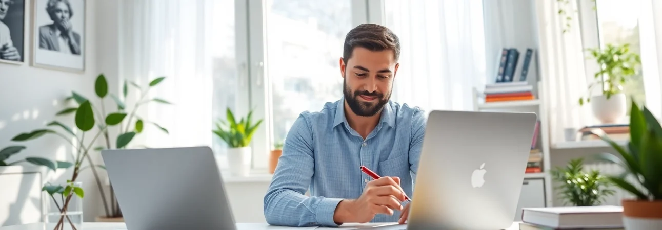 Work From Home in a cozy office setting with modern decor and natural lighting.