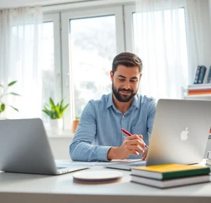 Work From Home in a cozy office setting with modern decor and natural lighting.
