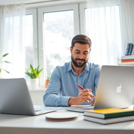 Work From Home in a cozy office setting with modern decor and natural lighting.