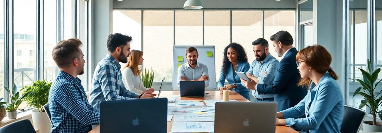 Engaging team collaborating in a modern office setting for a startup fractional agency.