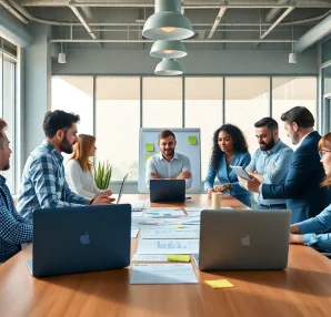 Engaging team collaborating in a modern office setting for a startup fractional agency.