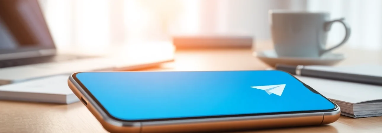 Showcase the paper airplane logo of 纸飞机官网 on a smartphone amidst a modern workspace.