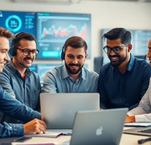 Calgary IT support team collaborating in a modern office, showcasing technology and teamwork.