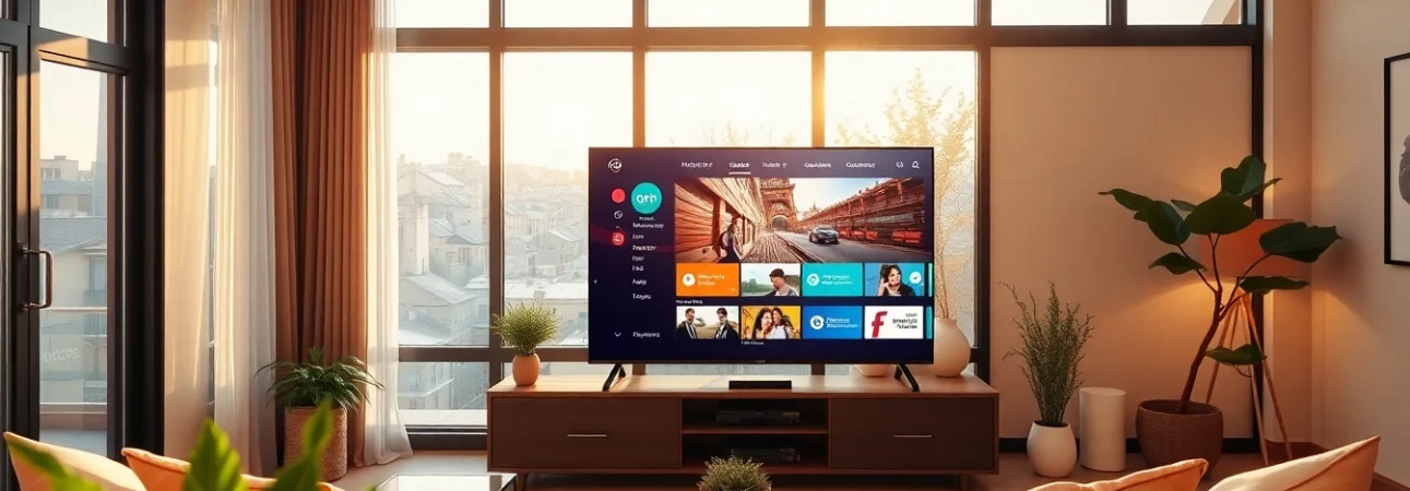 Test your IPTV line effectively with a vibrant living room setup and smart TV display.