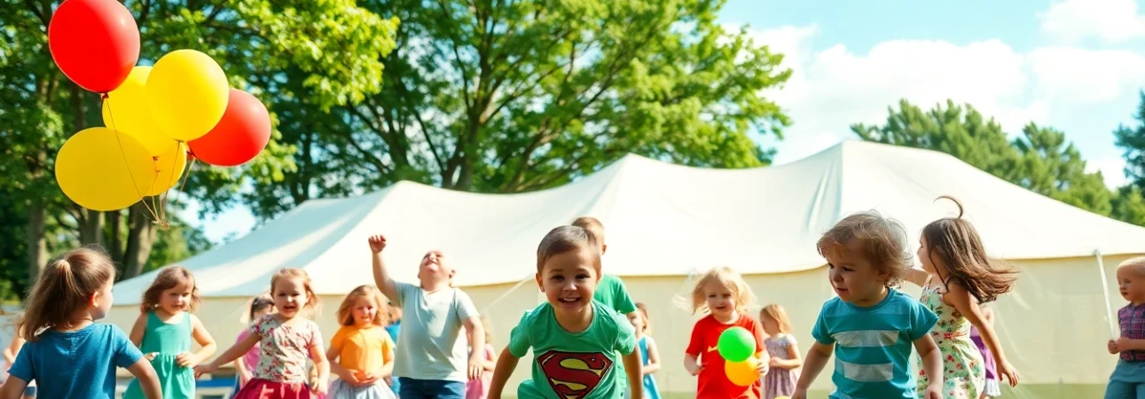Children enjoying activities at holiday camps under a sunny sky with colorful decorations.