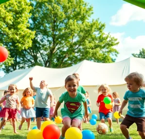 Children enjoying activities at holiday camps under a sunny sky with colorful decorations.