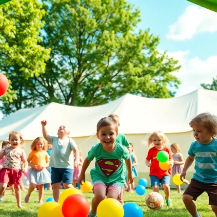 Children enjoying activities at holiday camps under a sunny sky with colorful decorations.
