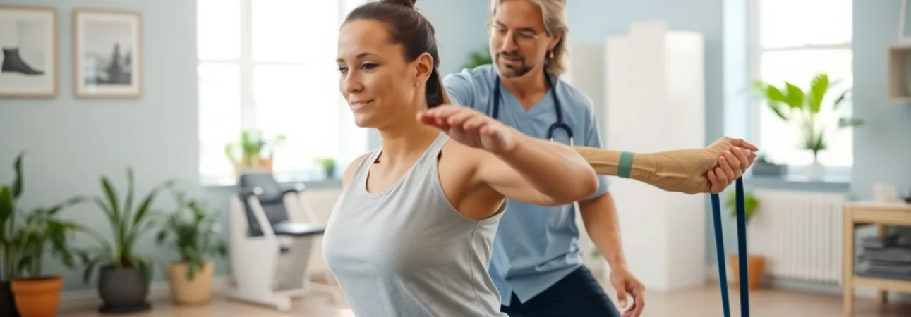 Find physiotherapy near me with a professional therapist assisting a patient during rehab.