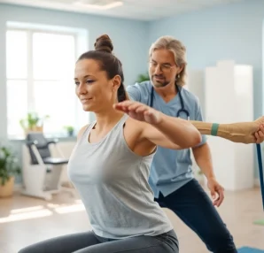Find physiotherapy near me with a professional therapist assisting a patient during rehab.