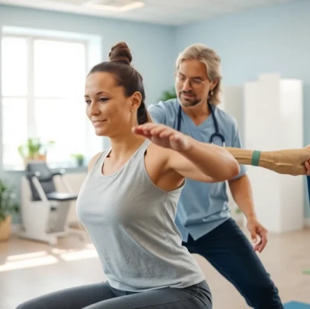Find physiotherapy near me with a professional therapist assisting a patient during rehab.
