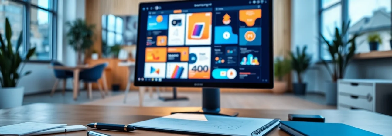 Showcasing AI design solutions in a modern workspace with vibrant design templates.