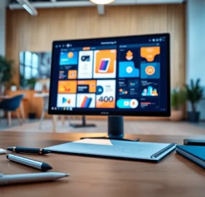 Showcasing AI design solutions in a modern workspace with vibrant design templates.