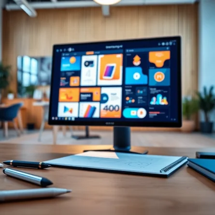 Showcasing AI design solutions in a modern workspace with vibrant design templates.