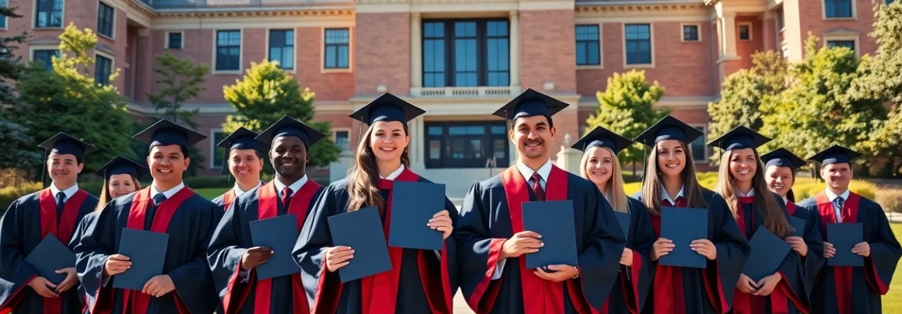 Graduates celebrating their PhD diplomas outside a university, illustrating where to buy phd degree opportunities.