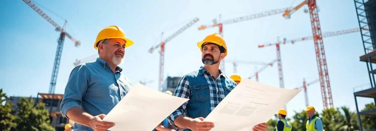 Austin construction workers collaborating at a lively building site with cranes.