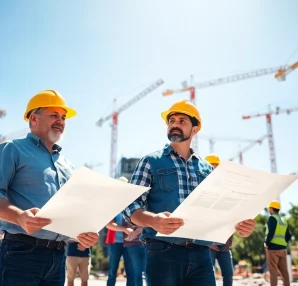 Austin construction workers collaborating at a lively building site with cranes.