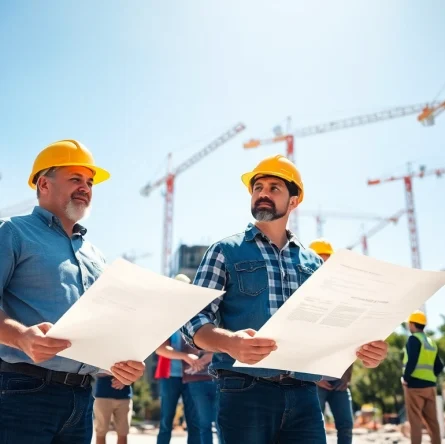 Austin construction workers collaborating at a lively building site with cranes.