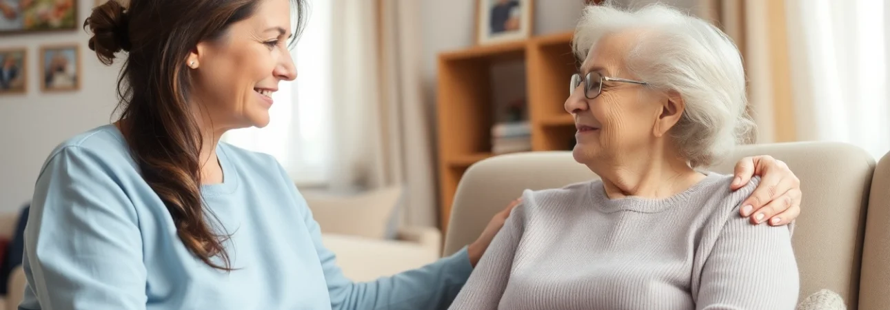 Engaging scene of austin senior home care showcasing a caregiver and elderly woman in a cozy living room.