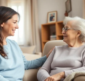 Engaging scene of austin senior home care showcasing a caregiver and elderly woman in a cozy living room.