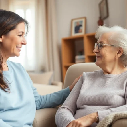 Engaging scene of austin senior home care showcasing a caregiver and elderly woman in a cozy living room.