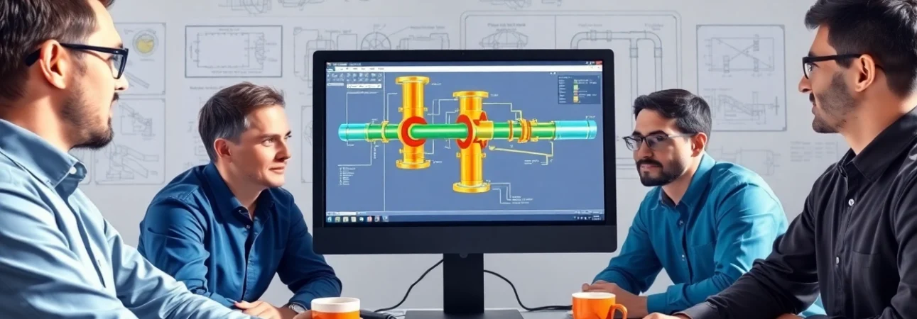 Pipe stress Company engineers collaborating on stress analysis software in a bright office setting.