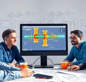 Pipe stress Company engineers collaborating on stress analysis software in a bright office setting.