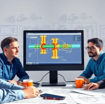 Pipe stress Company engineers collaborating on stress analysis software in a bright office setting.