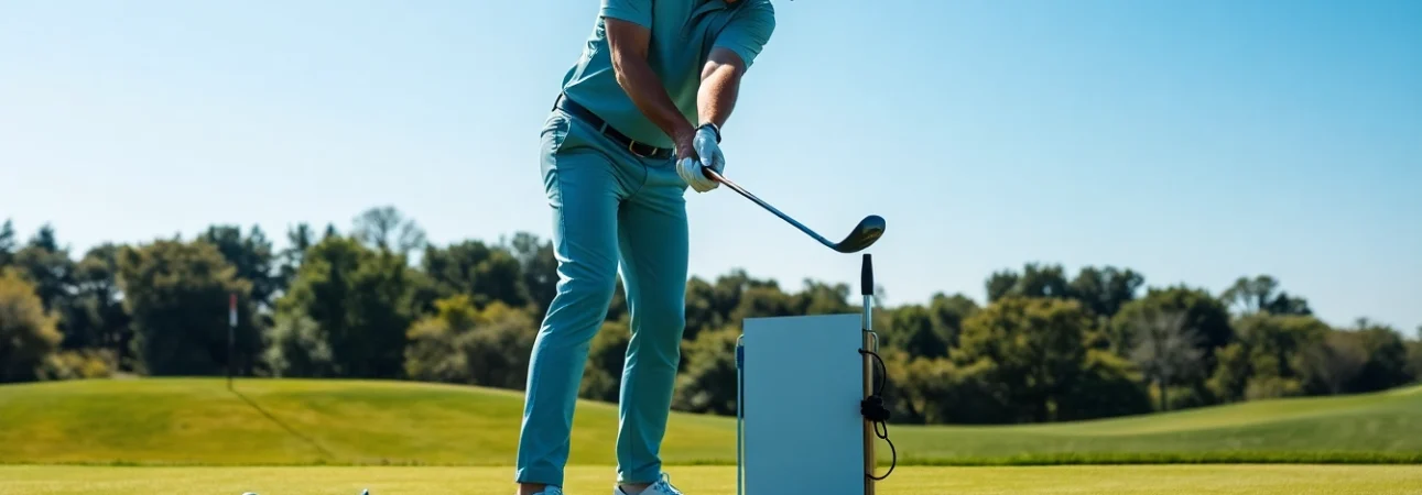 Professional golfer using golf swing training aid to perfect technique on the golf course.