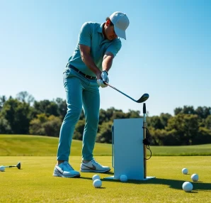 Professional golfer using golf swing training aid to perfect technique on the golf course.