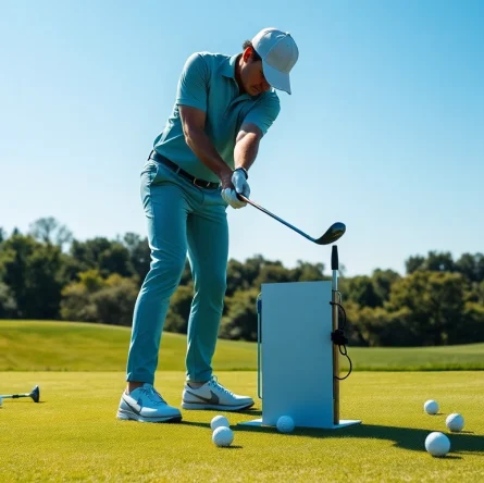Professional golfer using golf swing training aid to perfect technique on the golf course.