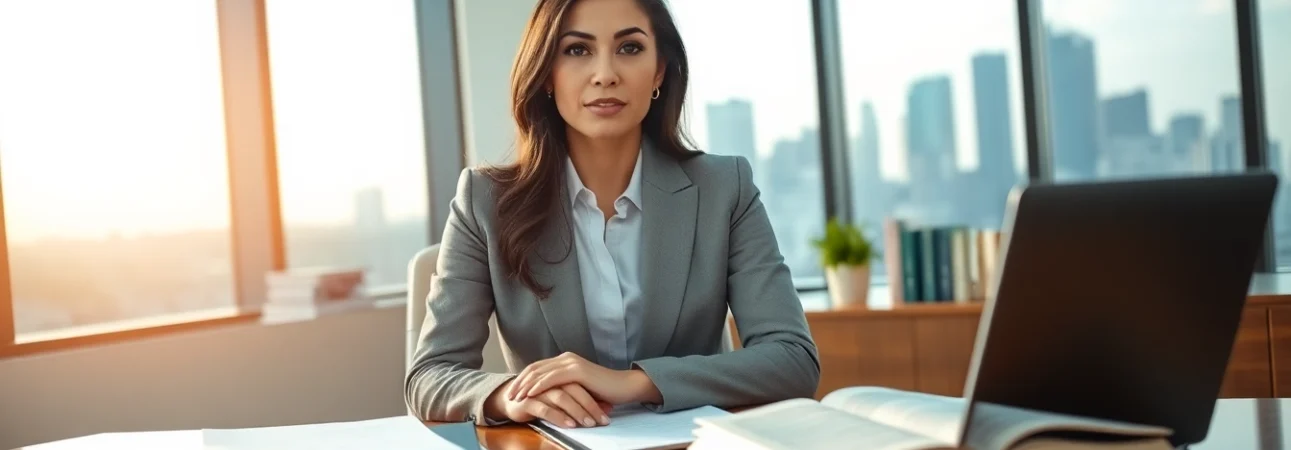 Abogada de inmigracion consulting clients in a modern law office.