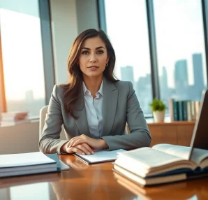 Abogada de inmigracion consulting clients in a modern law office.
