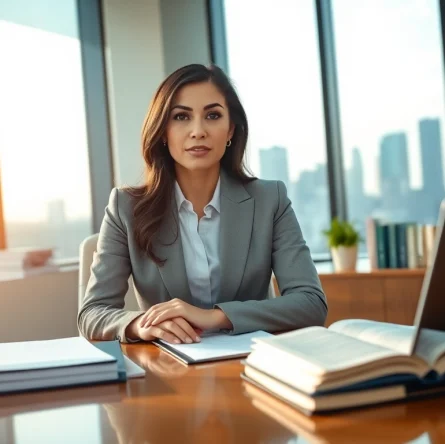 Abogada de inmigracion consulting clients in a modern law office.