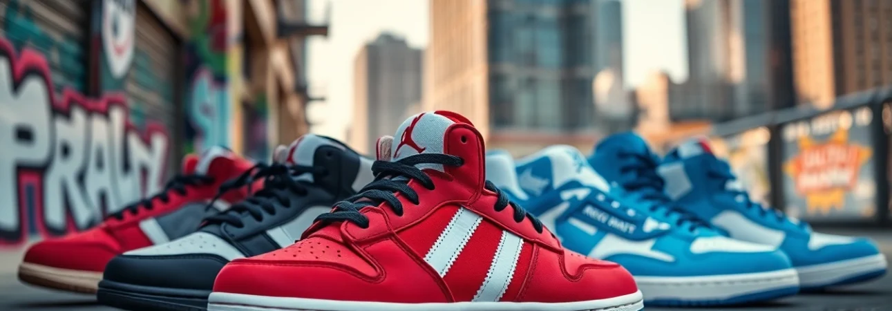 Showcasing high quality rep sneakers in an urban environment with vibrant colors and stylish design.