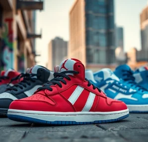 Showcasing high quality rep sneakers in an urban environment with vibrant colors and stylish design.