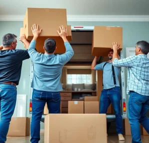 Movers from a professional moving company in Canada lifting furniture during a home relocation.