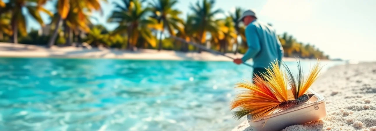 Angler casting a line while saltwater fly fishing on a sunny tropical beach.